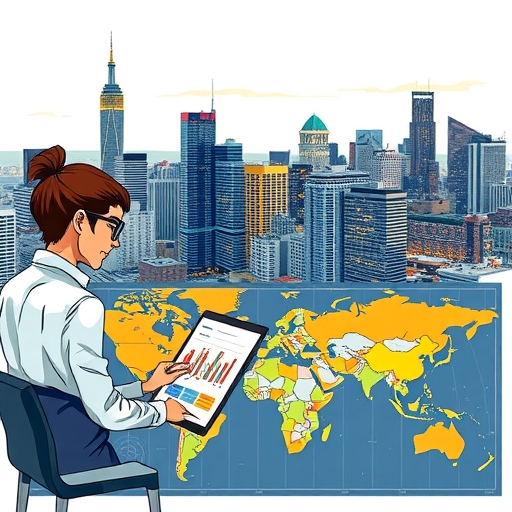 A trader analyzing USD CAD charts with a backdrop of a bustling city skyline.