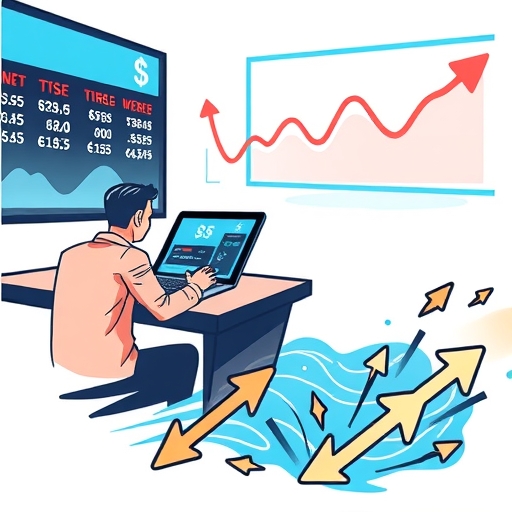 A trader placing a market order on a stock exchange, digital interface displaying real-time prices.