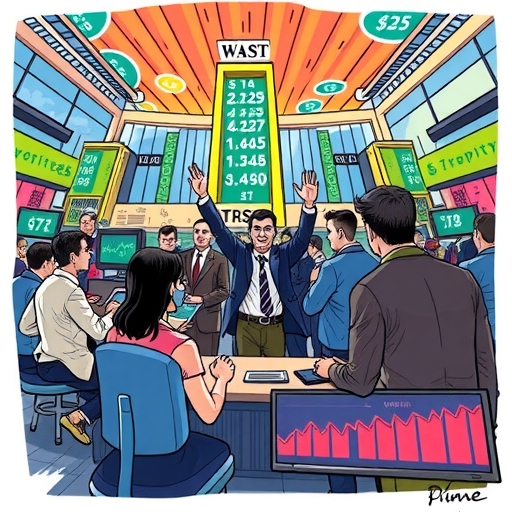 A dynamic stock market scene with traders celebrating profits