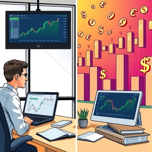 A vibrant forex market scene with currency symbols floating in the air.