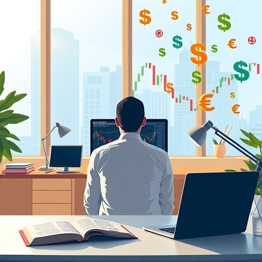 A trader analyzing charts on MetaTrader platform in a bright office.