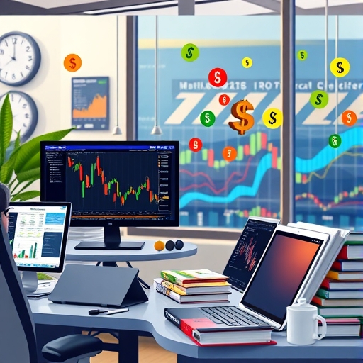 A serene desk setup with trading books and a laptop displaying market trends.