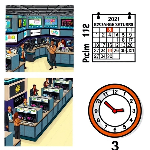 A busy stock exchange floor with traders at work