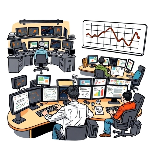 A trader confidently navigating a complex market landscape with charts and graphs around.