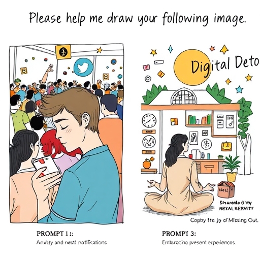 A divided image showing a chaotic social media feed on one side and a peaceful home environment on the other, conveying digital detox.