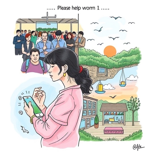A person looking at a smartphone, feeling anxious and overwhelmed by social media notifications in a crowded setting.