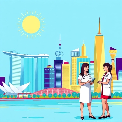 A vibrant cityscape of Singapore blending finance and healthcare themes