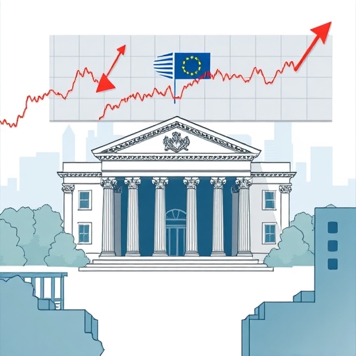 An illustration of the European Central Bank building surrounded by financial charts and graphs
