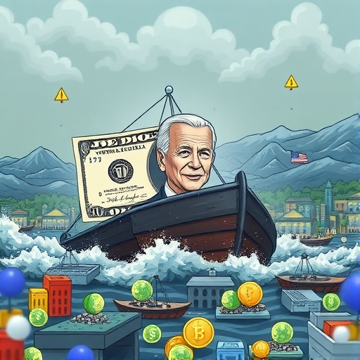 A visual metaphor of the U.S. Dollar navigating a stormy geopolitical landscape filled with digital asset symbols.