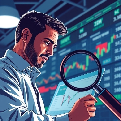 An investor examining stock charts under a bright light
