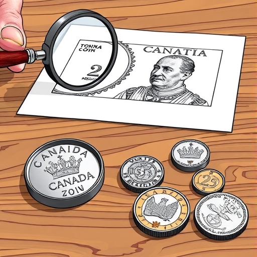 A person examining a rare 1870 Victoria $2 banknote under a magnifying glass.
