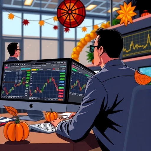 A bustling trading floor with Thanksgiving-themed elements and bullish trends displayed.