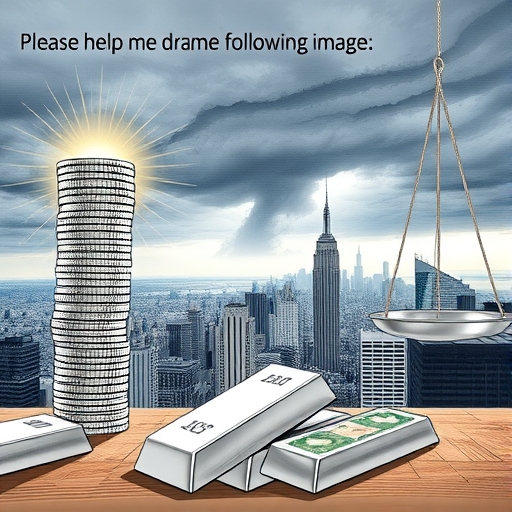 A balance scale with silver on one side, and currencies on the other, depicting financial stability.