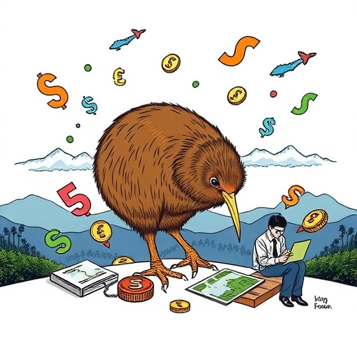 A kiwi bird surrounded by currency symbols representing global trade.