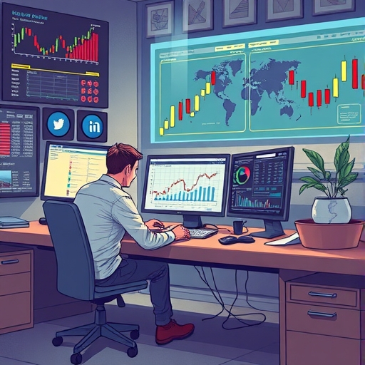 A trader analyzing futures charts at a desk filled with market data