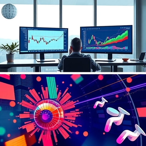 A serene workspace with charts and data glowing on screens.