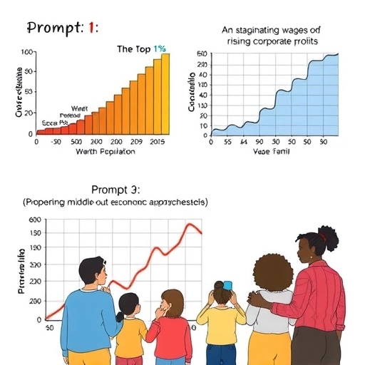 A depiction of diverse families looking at economic charts, symbolizing hope for middle-out economic approaches.
