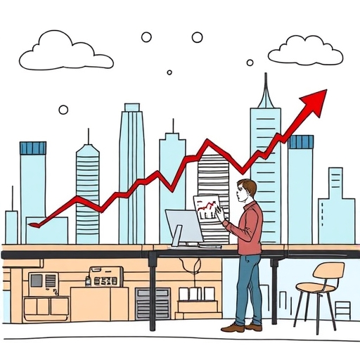 Financial market skyline with rising graphs and arrows, representing growth.