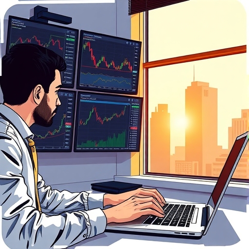 A close-up of hands typing trading strategies into a laptop by a window.