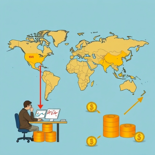A global map depicting oil routes and gold trading hubs.