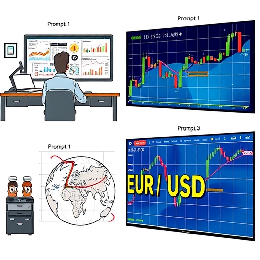 A trader analyzing currency charts at a desk.