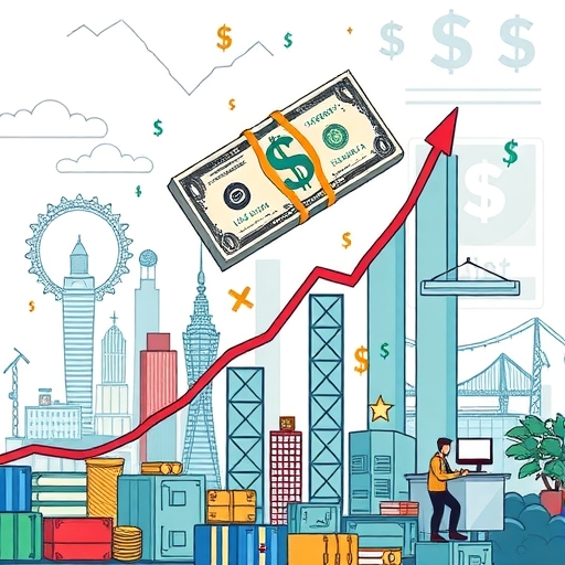 A graph depicting the rising trend of the US dollar against other currencies in a vibrant financial landscape.
