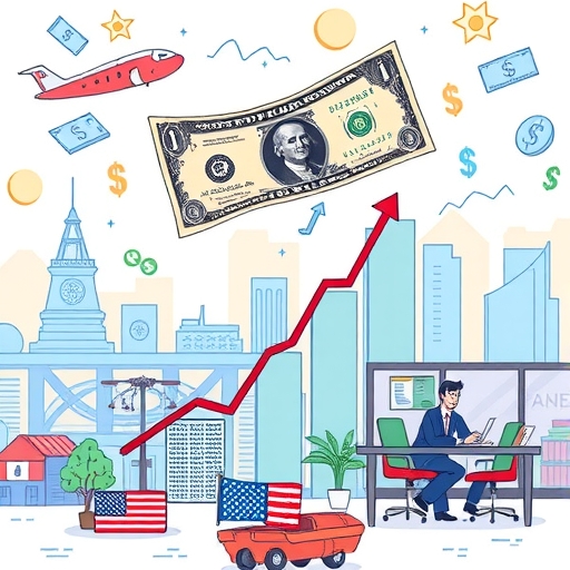 A dollar bill soaring high above a bustling global market, symbolizing economic growth.