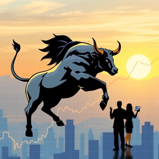 A skyline view with financial symbols in the foreground.
