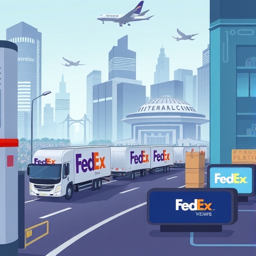 FedEx trucks in a bustling city delivering packages