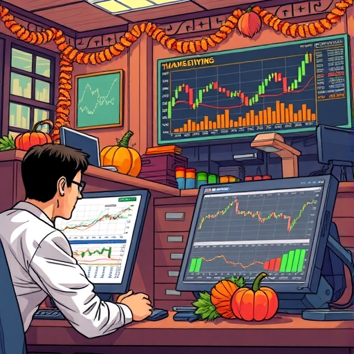 A trader analyzing stock charts with Thanksgiving decorations in the background.