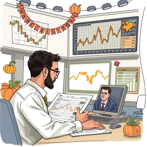 A calm office setting where an investor studies Thanksgiving week stock patterns.