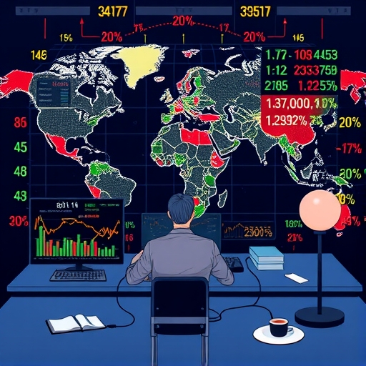 A trader analyzing stock charts and market trends on multiple monitors with diverse currencies