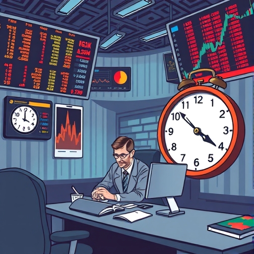 A trader at a desk with charts and graphs showing urgent market activity