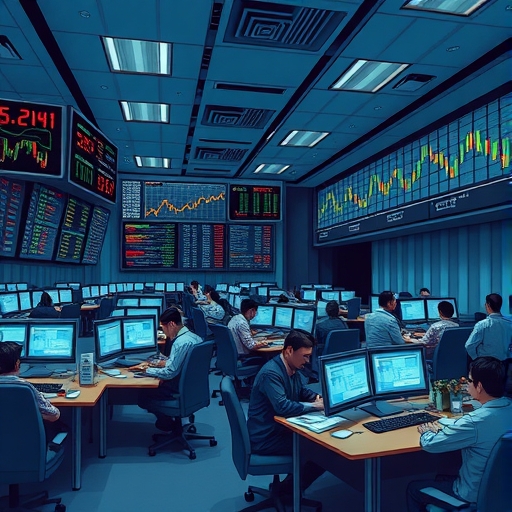 A dynamic trading floor with screens showing options graphs and traders working.