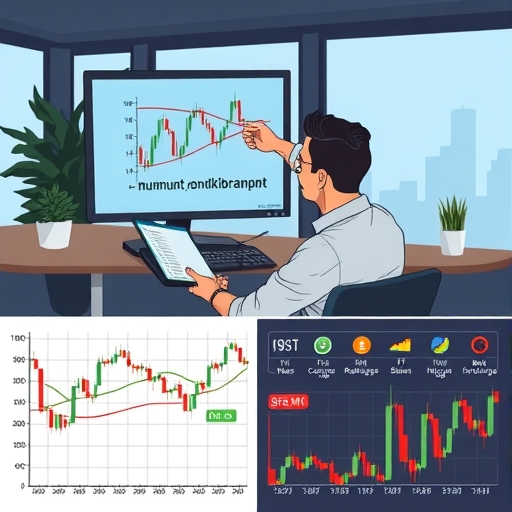 An illustration of various technical indicators overlaying a market trend.