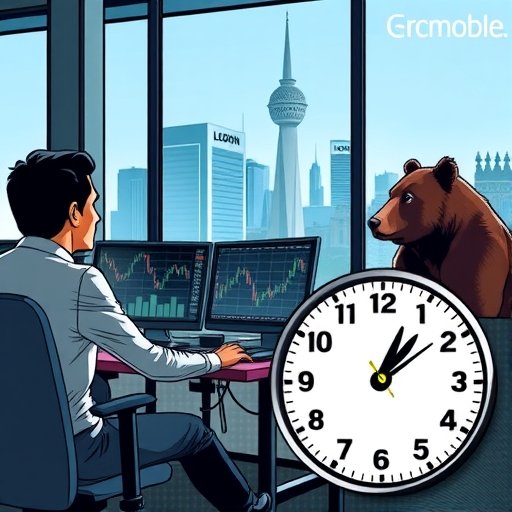 A trader focused on multiple screens showing stock graphs in a modern office.