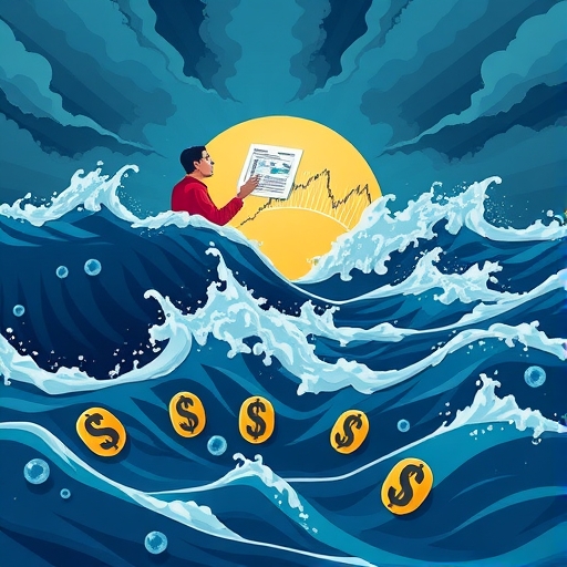 An illustration of a turbulent ocean symbolizing the FX market with dollar signs submerged