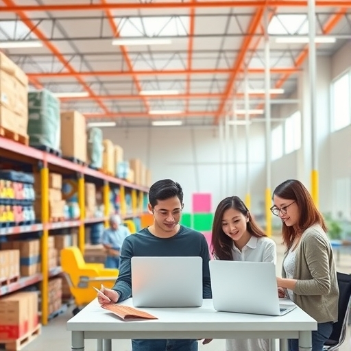 A brightly colored e-commerce warehouse bustling with activity