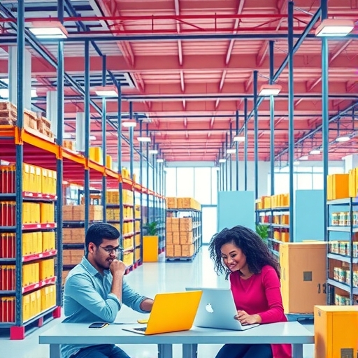 An optimistic team discussing strategies over laptops in a modern office