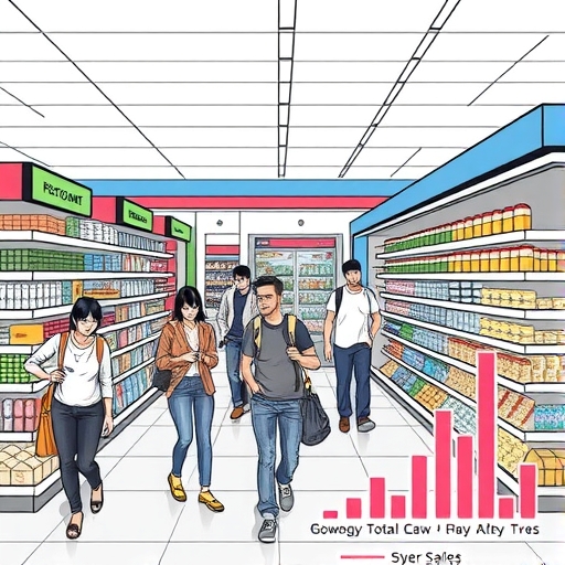 Consumers shopping in a bustling supermarket