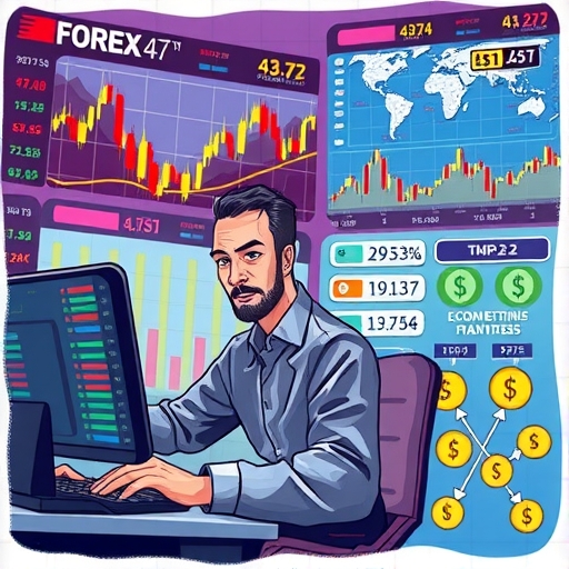 Global financial centers connected by lines, currency symbols overlapping, representing interconnected economies.