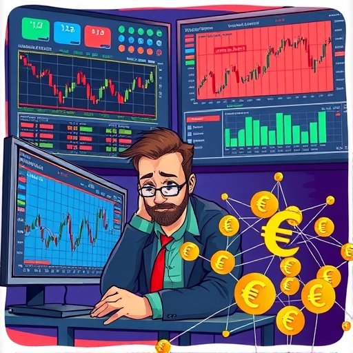 Forex trading charts with news headlines, dynamic market scene, vibrant colors, illustrating market volatility.