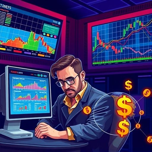 A trader analyzing economic data, surrounded by digital screens showing currency movements, focused expression.