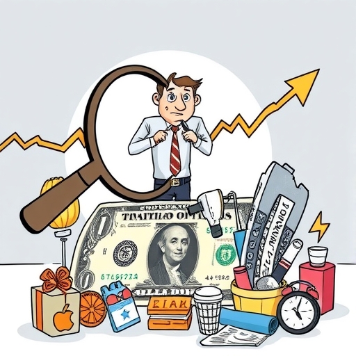 Depiction of a dollar bill surrounded by products and prices rising