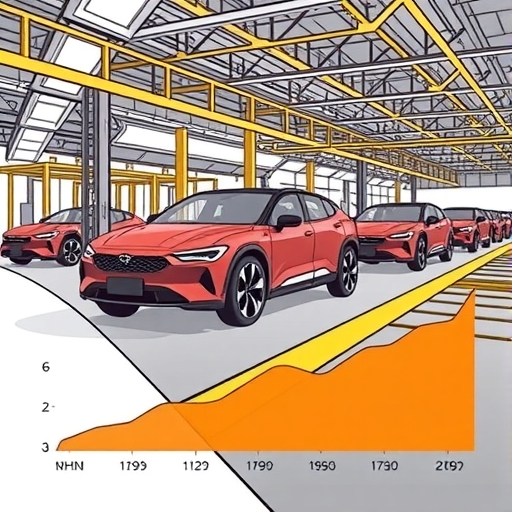 Rivian electric vehicles on a dynamic production line