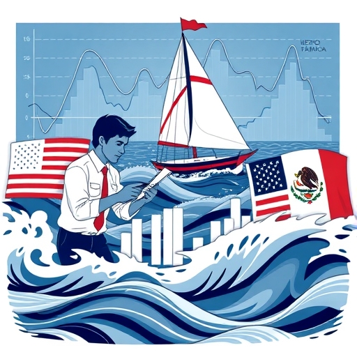 Illustration of US and Mexican flags intertwined with currency symbols