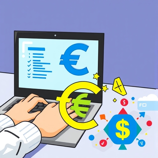 A financial professional typing on a laptop with euro symbol visible