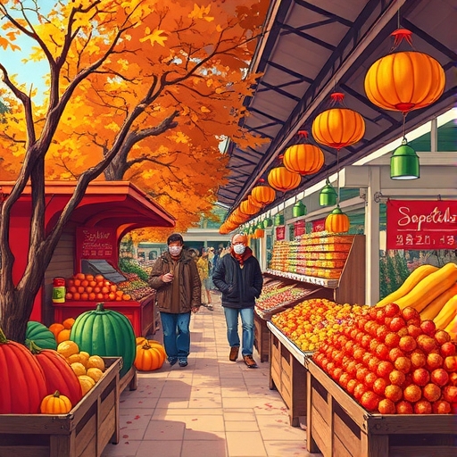 A vibrant autumn market scene featuring seasonal products and excited consumers