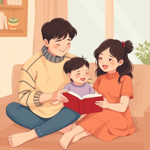 一家人正在一起閱讀的插圖