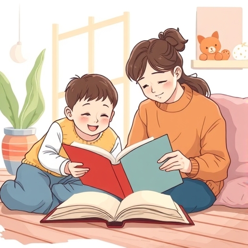 一位父親正在為孩子閱讀的插圖